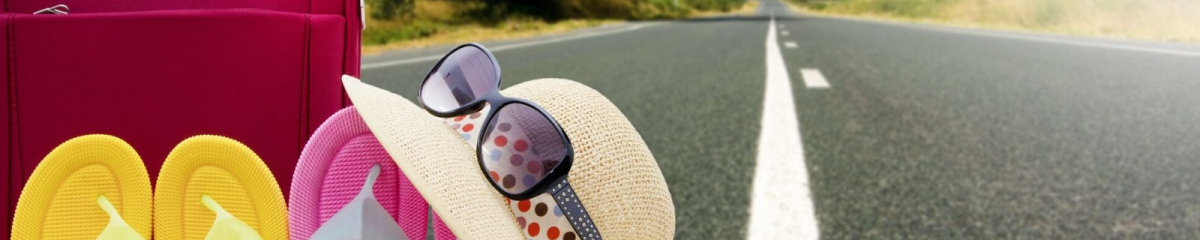 un camino con maleta, sombrero, gafas de sol y zapatos como si estuviera listo para un viaje